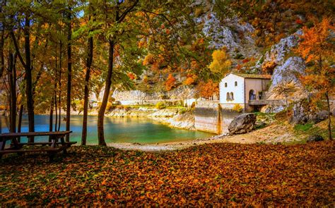 Cottage Lake Fall Camping Italy Trees Hill Yellow