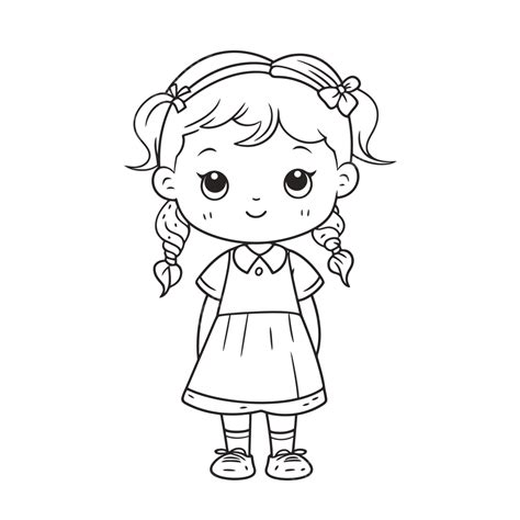 Süßes Kleines Mädchen Mit Zöpfen Malseite Umriss Skizze Zeichnung