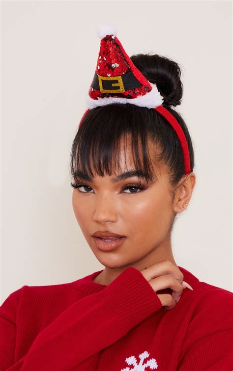 red sequin santa hat headband accessories prettylittlething usa