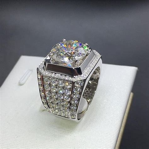 Mens 925 Sterling Silver Paev Cz Ring 2ct Simulated Diamond Engagement