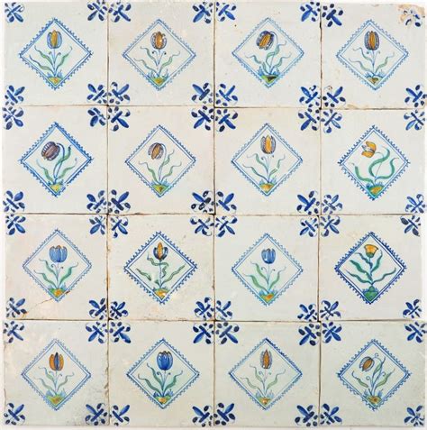 Set Of Sixteen Antique Delft Tile With Polychrome Flowers In Diamond