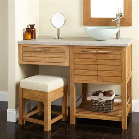 Simple yet efficient setting for a small makeup vanity table in a bedroom made with the use of a wooden desk with a white coat of paint and an aluminum frame painted in a gold, reflective color. 48" Salinas Teak Vessel Sink Vanity with Makeup Area - Teak Vanities - Bathroom Vanities ...