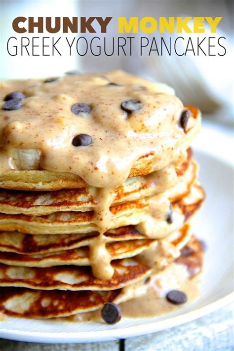 They'll fill you up without weighing you down. chunky monkey greek yogurt pancakes recipe | Chefthisup