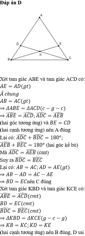 Cho tam giác ABC có AB AC Trên cạnh AB và AC lấy các điểm D E sao cho AD AE