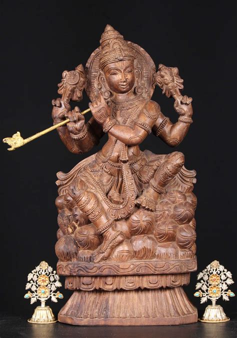 Sold Wooden Seated Krishna Playing The Flute 24 76w1kq Hindu Gods