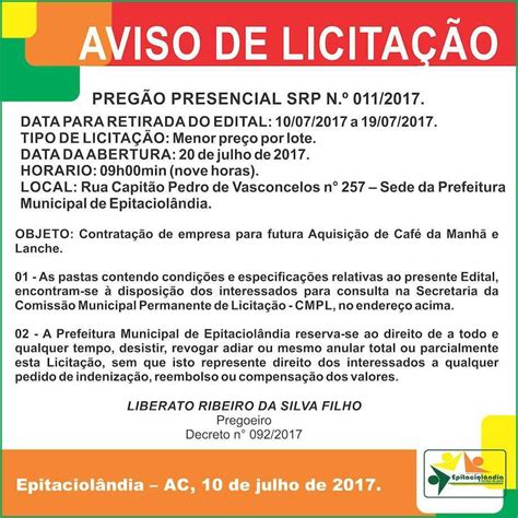 Prefeitura Municipal De Epitaciolândia Aviso De LicitaÇÃo O Alto Acre