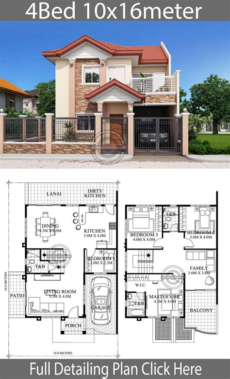4 bedroom floor plans, house plans, blueprints & designs. Home design 10x16m 4 Bedrooms - Home Planssearch # ...