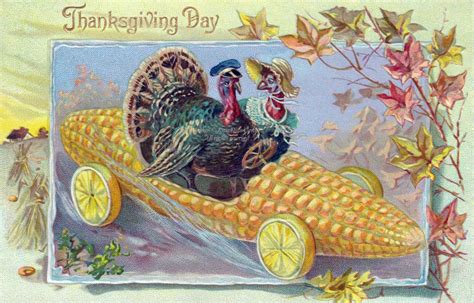 Thanksgiving Card Turkey Drives A Corn Cob Car Vintage