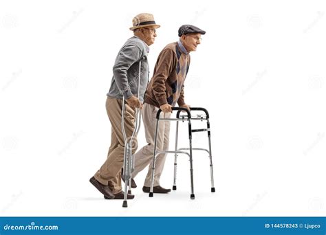 Two Elderly Men Walking With Crutches And Walker Stock Image Image Of