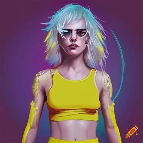 cyberpunk woman with a platinum blonde mullet and yellow crop top on craiyon