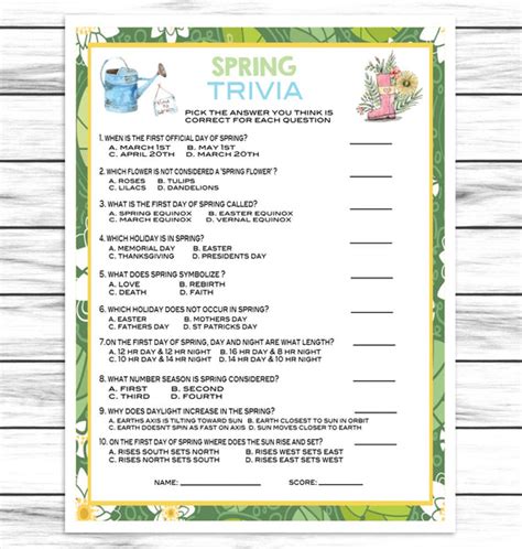 Spring Party Trivia Game Kids Or Adults Spring Printable Or Virtual G