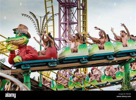 Naked Thrill Seekers Ride The Green Scream Roller Coaster On A Very Chilly Morning At Adventure