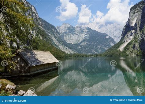 Boathouse At Lake Obersee And Mountain Landscape Stock Image Image Of