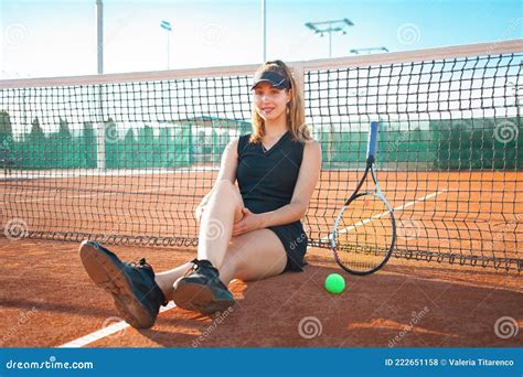 Portrait Of Woman On The Court Tennis Stadium Athlete With Racket And