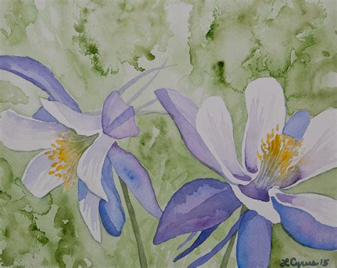 Watercolor Blue Columbine Flowers Painting By Cascade Colors