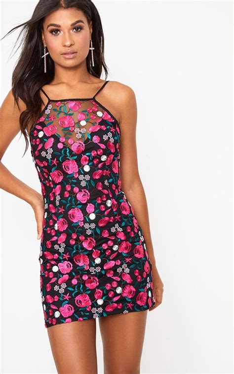 Hot Pink Floral Embroidered Strappy Bodycon Dress Dresses Summer Dresses For Women Hot