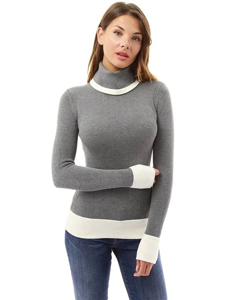 Womens Block Color Turtleneck Sweater Gray And Ivory Cr12ksp384x