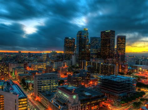 Los Ángeles California Eeuu Rascacielos Luces Noche Nubes
