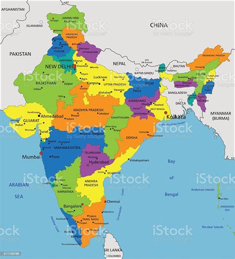 Colorido Mapa Político De La India Claramente Etiquetados Capas