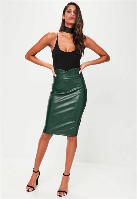 Green Faux Leather Pencil Midi Skirt Leather Look Skirts Skirts
