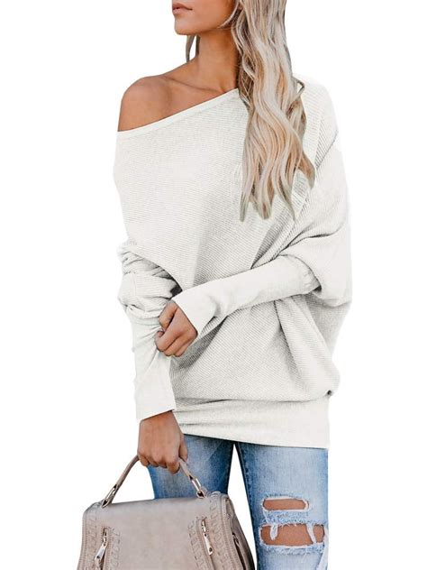 Womens Off Shoulder Sweater Batwing Sleeve Ribbed Loose Oversized