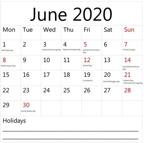 June 2020 Calendar With Holidays 2020holidays Vacation Usaholiday