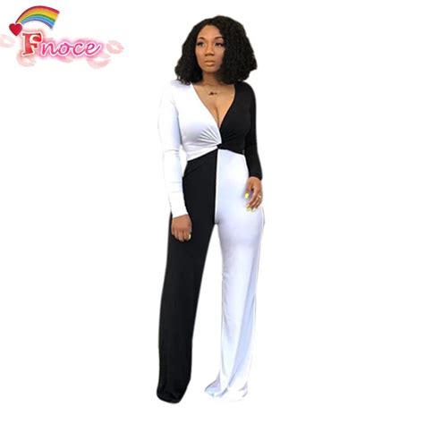 Black White Patchwork Plus Size Jumpsuit Women Deep V Neck Long Sleeve