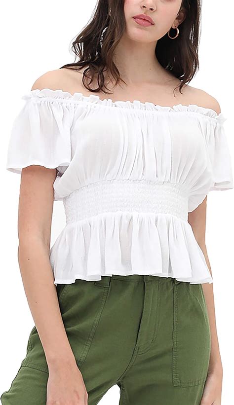 women s summer sexy off shoulder ruffled blouse top short sleeve smocked waistband top amazon