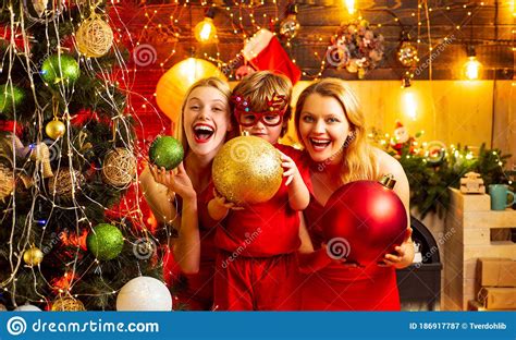 Happy Crazy Trio At Christmas Decorated Amazing Background Present Box