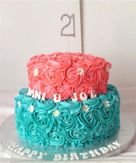 Pink And Blue Rosette Frosted 21st Twin Birthday Cake Decorated By Coast Cakes Ltd Birthday Cake