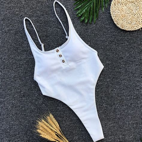 Sexy V Neck Ripple Ribbed Ruffled Trikini Backless Swim Bathing Suit Monokini High Cut Thong
