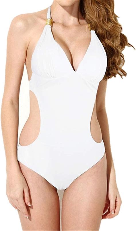 Women S Halter Sexy Swimwear Solid Color Nude Back Swimsuit White