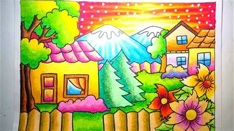 Cara Mewarnai Gradasi Oilpastel Crayon Pemandangan Alam Dan Rumah