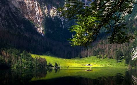 Landscape Nature Lake Mountain Forest Trees Grass Germany Cabin