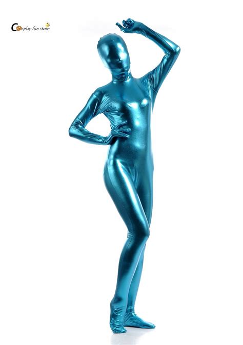 2018 Free Shipping Bodysuit Metallic Spandex Shiny Light Blue Womens
