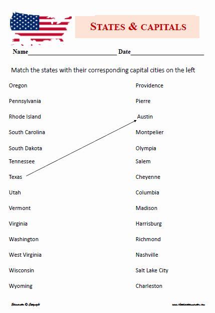 States And Capitals Matching Worksheet Elegant Free Printable
