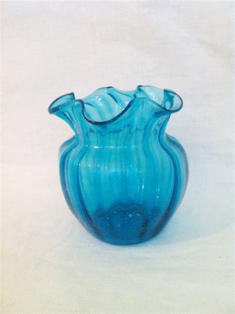 Aqua Blue Art Glass Vase Handblown Fluted Vintage By Comforte