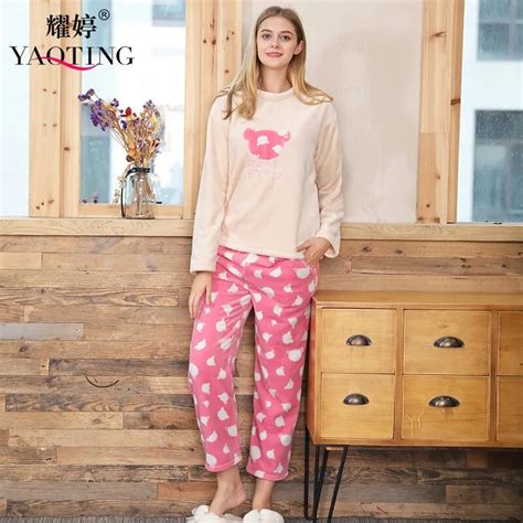 Buy Female Coral Fleece Pajama Set Long Sleeve Round Neck Winter Flannel Long