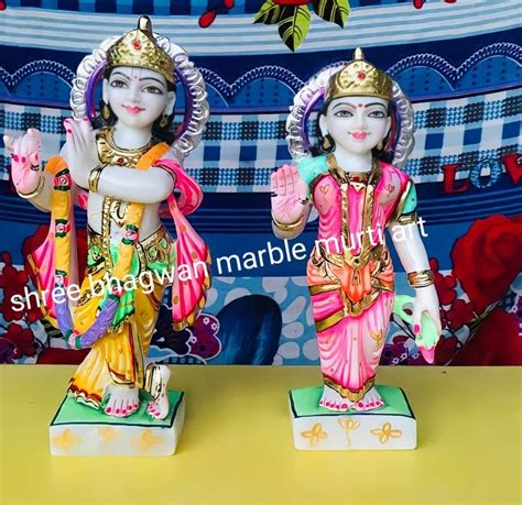 Painted Hindu White Marble Radha Krishna Statues For Temple Size 12
