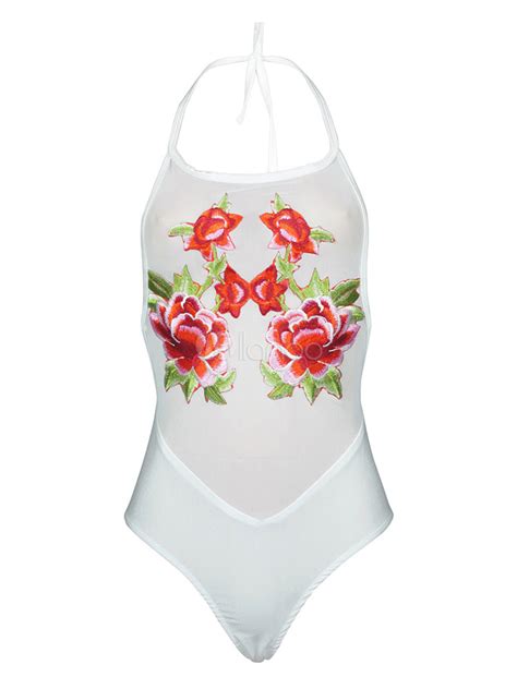 White Bathing Suits Halter Sleeveless Peony Embroidered Semi Sheer Backless One Piece Swimsuit