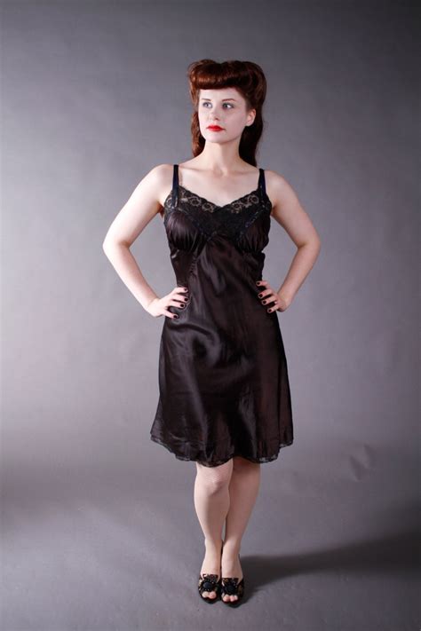 1950s Vintage Slip Black Satin Barbizon Slip With Lace