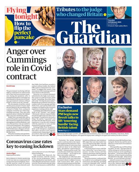 Guardian Front Page 16th Of February 2021 Tomorrows Papers Today