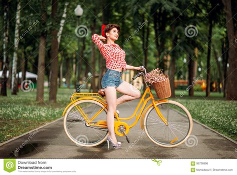 Pin Up Girl On Bicycle Vintage American Fashion Stock Photo Image Of