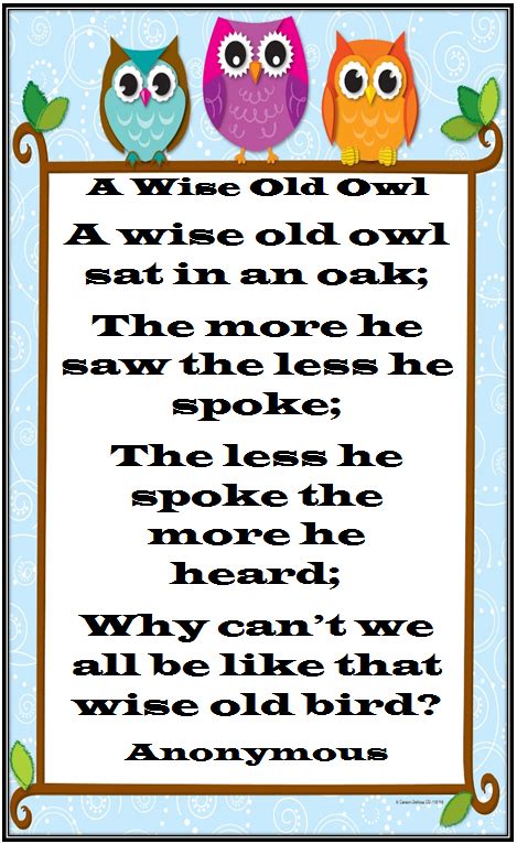 Wide Old Owl Poem Christian Classroom I Am Awesome Inspirational Quotes