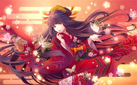 Download 2880x1800 Anime Girl Kimono Long Hair Butterflies