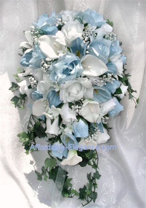 Light Blue White Cascade Bridal Bouquet Gorgeous Quality Real Touch