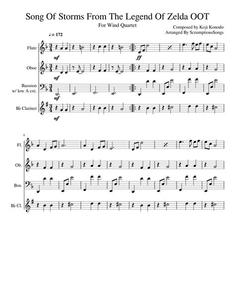 Song of storms (zelda) hard version easy piano letter notes sheet music for beginners, suitable to play on piano, keyboard, flute, guitar, cello, violin, clarinet, trumpet, saxophone, viola and any other similar instruments you need easy letters notes chords for. Song Of Storms From The Legend Of Zelda OOT For Woodwind Quartet Sheet music | Download free in ...