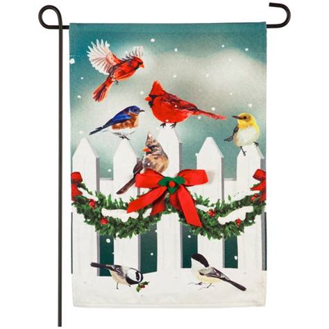 Lovely winter garden flags feature snowmen and wintery snow covered evergreen trees. Evergreen Enterprises Winter Fence Birds Garden Linen Flag ...