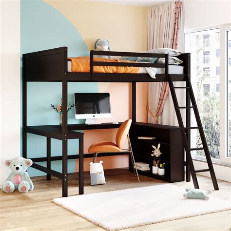 Buy Full Size Loft Bed With 3 Tier Shelves And Desk Wooden Loft Bed