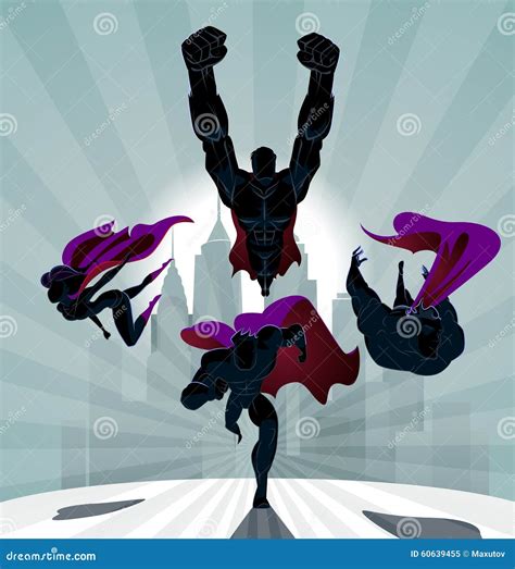 Superhero Team Team Of Superheroes Flying And Running In Front Stock